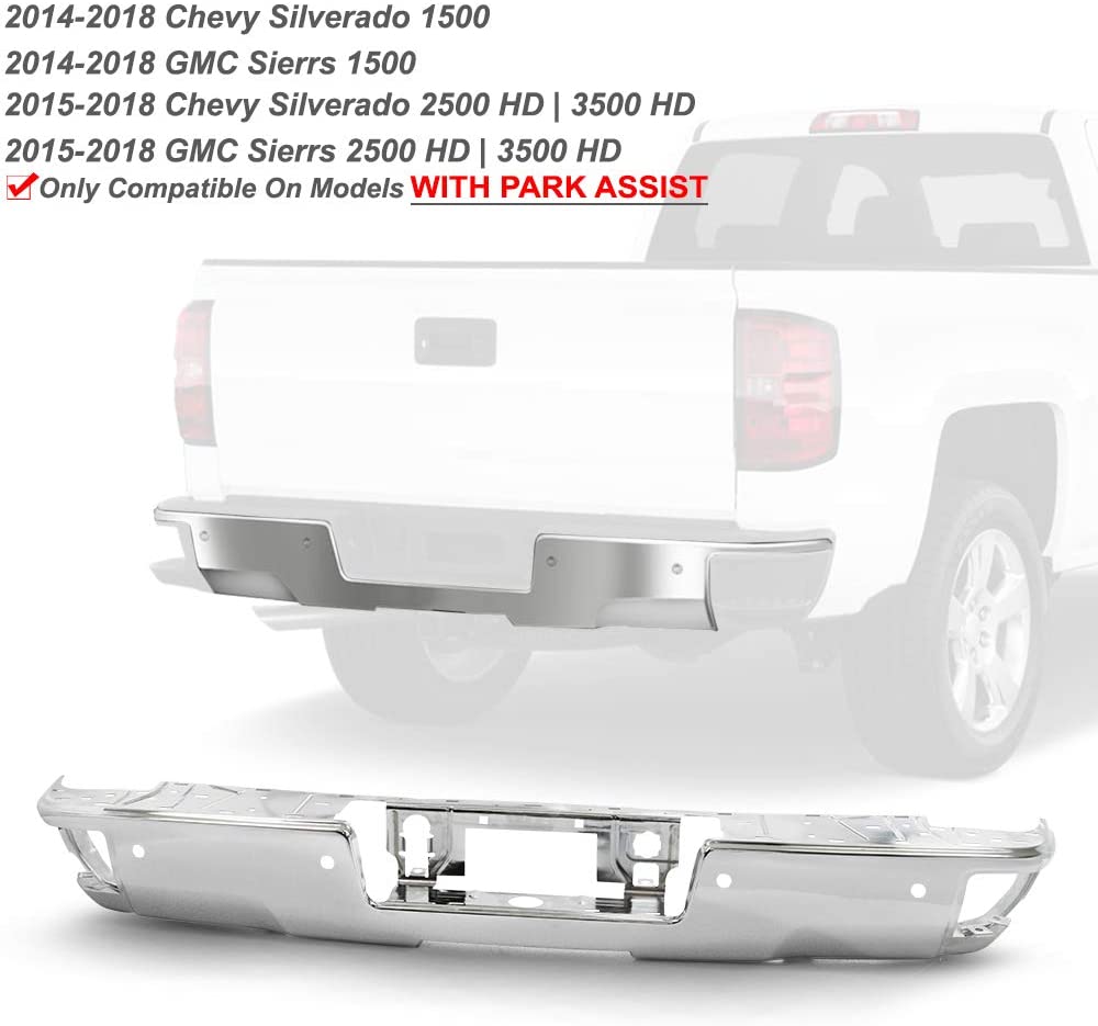 ACANII - For 2014-2018 Chevy Silverado/GMC Sierra 1500 Chrome Rear Step Bumper Face Bar w/Sensor Holes & w/Corner Holds