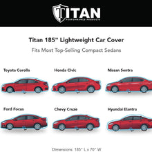 Titan Lightweight Car Cover. Compact Sedan. Compatible with Toyota Corolla, Sentra, and More. Waterproof Car Cover Measures 185 Inches and Includes a Driver-Side Door Zipper.