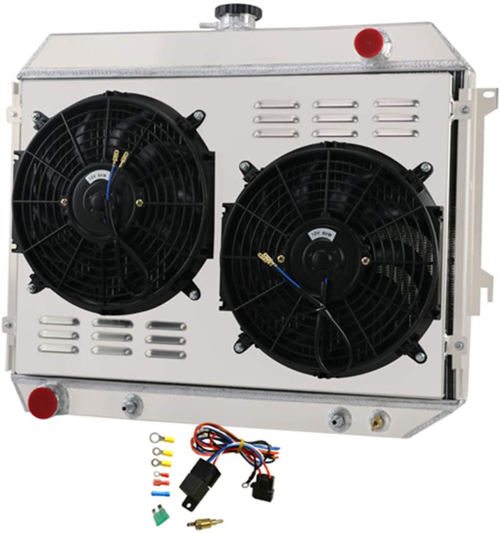 CoolingSky 4 Row Aluminum Radiator +Fan Shroud Combo & Thermostat Relay Kit for 1968-74 Charger/Coronet/Barracuda/GTX, More Plymouth Dodge Cars