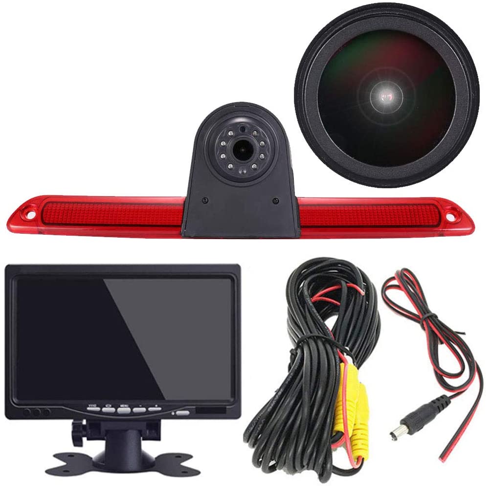 HD IP68 Third Roof Top Mount Brake Lamp Reverse Rear View Backup Camera Angle and Distance Adjustable IR Night Vision for Benz Sprinter W906/Transit Ducato Crafter Master +4.3'' Rearview Mirror