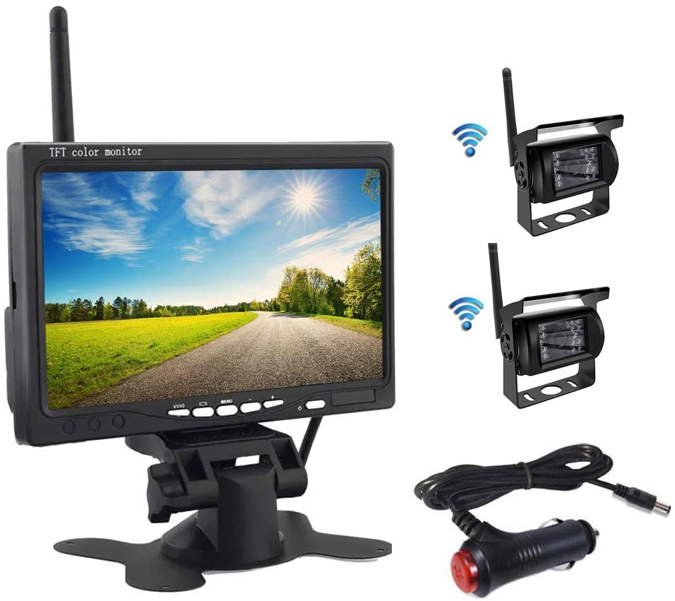 OiLiehu Wireless Backup Camera and Monitor Kit, 7 inch HD TFT LCD Monitor with Antenna, 2 x Wireless Rear View Camera, IP67, Night Version, 12-24 V, Suitable for Buses, SUVs, Trucks, Trailers