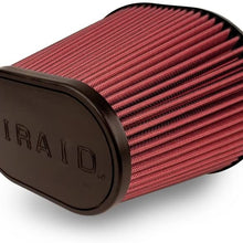 Airaid 720-472 Universal Clamp-On Air Filter: Oval Tapered; 6 Inch (152 mm) Flange ID; 9 Inch (229 mm) Height; 10.75 Inch x 7.75 Inch (273 mm x 197 mm) Base; 7.25 Inch x 4.25 Inch (184 mm x108 mm) Top