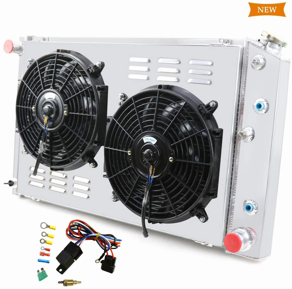 Primecooling 52MM 3 Row Core Aluminum Radiator +Fan (12 Inches Dia.) w/Louver Shroud for Chevy/GMC,C10 C20 C30 K10 K20 C/K 1970-87