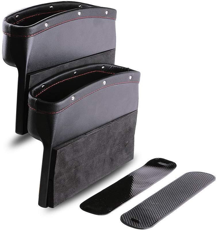 Car Seat Pockets PU Leather Car Console Side Organizer Seat Gap Filler Catch Caddy with Non-Slip Mat 9.2x6.5x2.1 inch Black(2 Pack) Powertiger