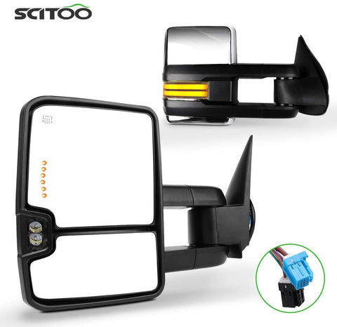 SCITOO Tow Mirrors Compatible with 2003-2006 for GMC Sierra Towing Mirrors with Power Heated with Turn Signal Light Running Light Lens with LED Light Chrome Housing