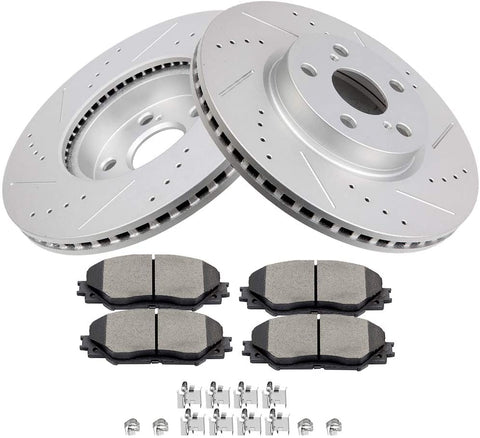 Front Drilled Slotted Brake Disc Rotors Ceramic Pads with Clip ZENITHIKE fit for 2009-2010 for Pontiac Vibe, 2008-2014 for Scion xD, 2009-2019 for Toyota Corolla, 2009-2013 for Toyota Matrix