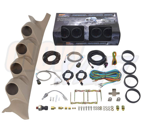 GlowShift Diesel Gauge Package for 1999-2007 Ford Super Duty F-250 F-350 Power Stroke - Tinted 7 Color 60 PSI Boost, 1500 F EGT, Transmission Temp & 100 PSI Fuel Pressure Gauges - Tan Quad Pillar Pod