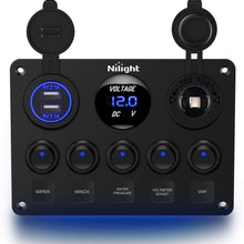 Nilight 90101E 5Gang Multi-Function 5 Gang Rocker Dual USB Charger + Digital Volmeter +12V Outlet Pre-Wired Switch Panel with Circuit Breakers for RV Car Boat Truck Trailer,2 Years Warranty