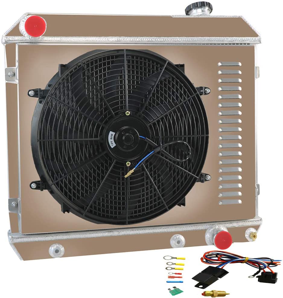 ALLOYWORKS 2 Row Core Aluminum Radiator+Shroud Fan+Relay For 1963-1966 Chevy C/K C10/C20/C30/K20 Series Pickup Truck, GMC