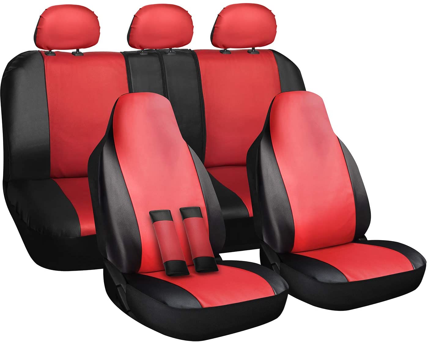 OxGord Car Seat Cover - PU Leather Two Toned Front Low Bucket 50-50 60-40 Rear Split Bench - Universal Fit Cars, Trucks, SUVs, Vans - 10 pc Complete Full Set