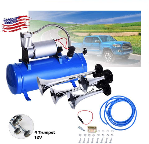 Micozy Dual Air Horn Kit Super Loud 12V 115DB 4 Trumpet Air Horn Premium Quality for Car Truck Train Van Boat Universal