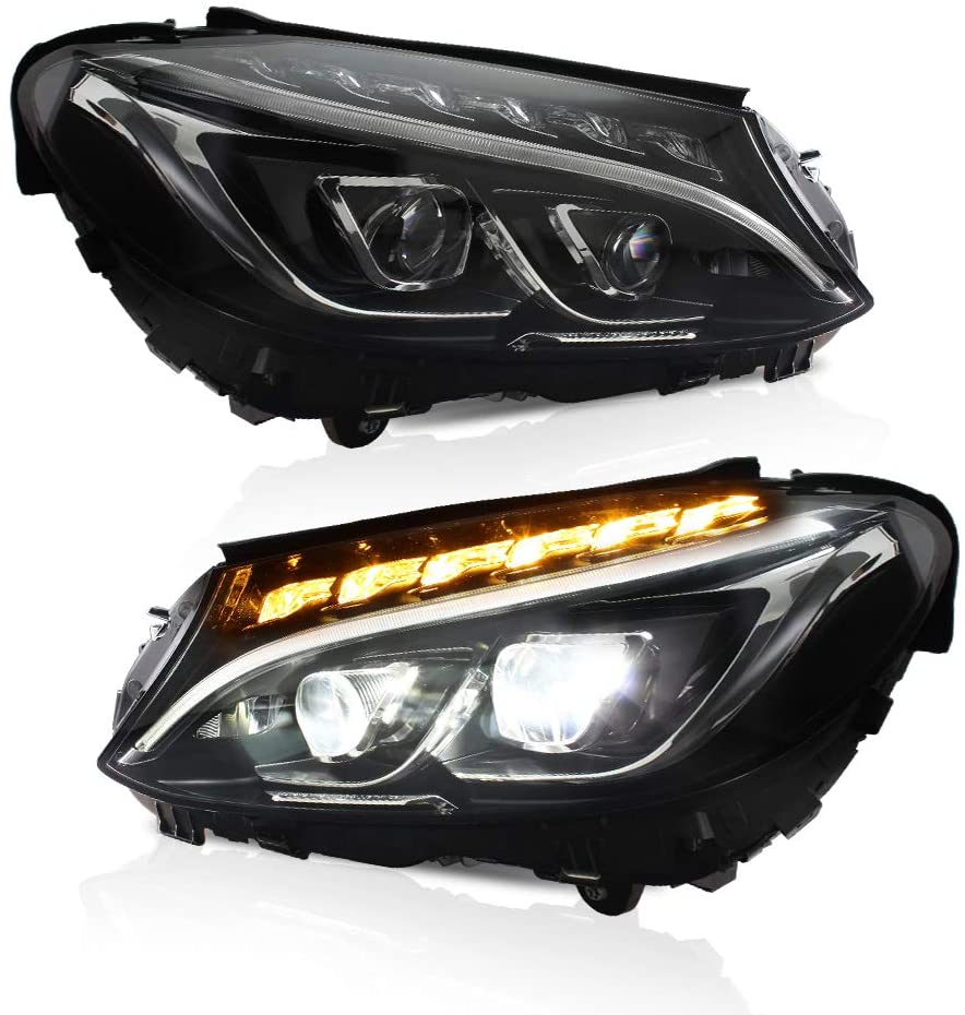 A&K Led Headlight Assembly for Mercedes Benz C-Class C300 W205 2015 2016 2017 2018 Driver and Passenger Side (Only Suitable for Benz with OEM Halogen Light)