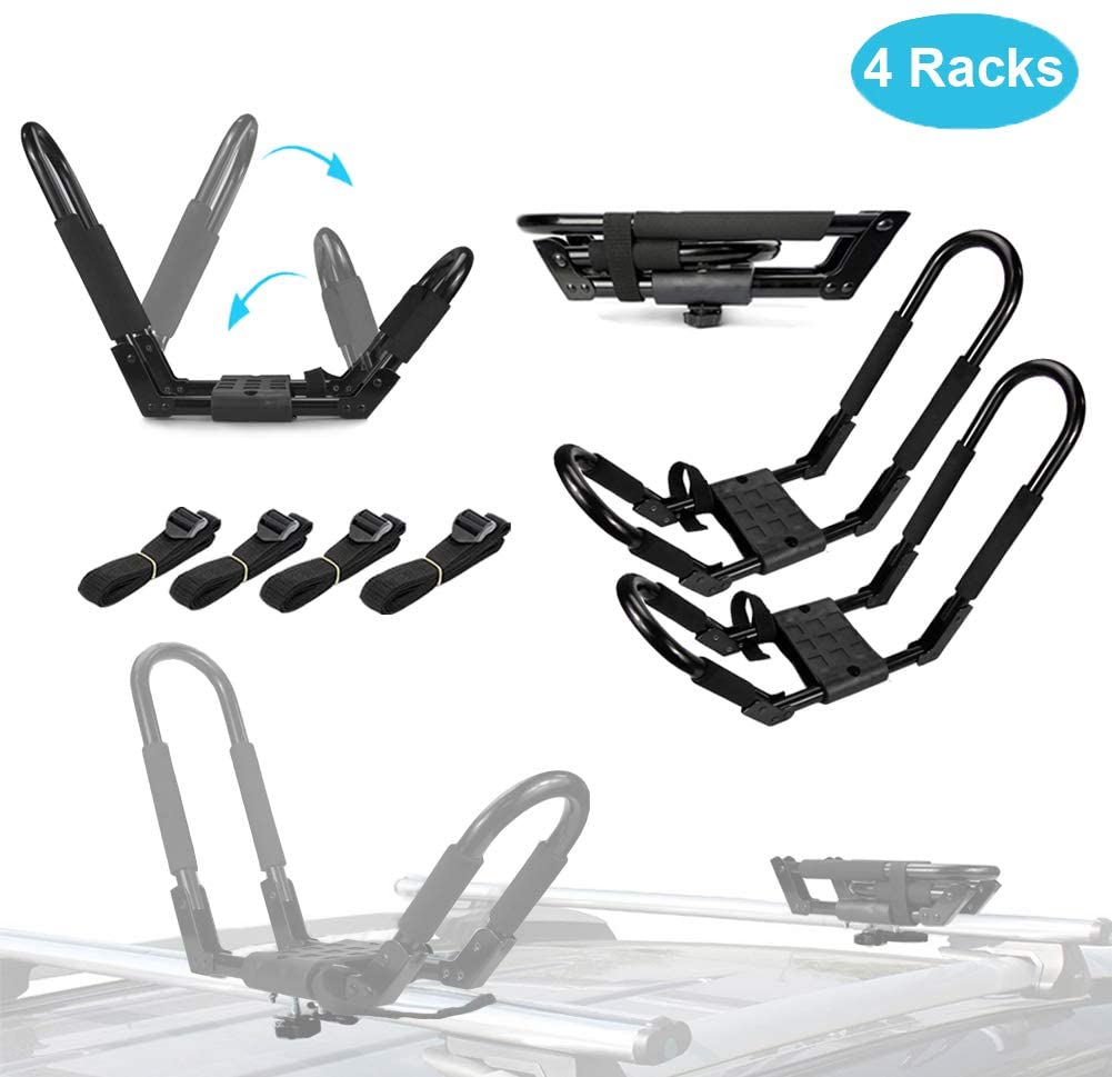 GSOU Kayak Roof Rack for SUV Car J-Bar Racks 2 Pairs Foldable Top Mount Carrier Roof Rack on Van Truck Universal for Canoe Boat Ski Surf Paddle Board (Black)