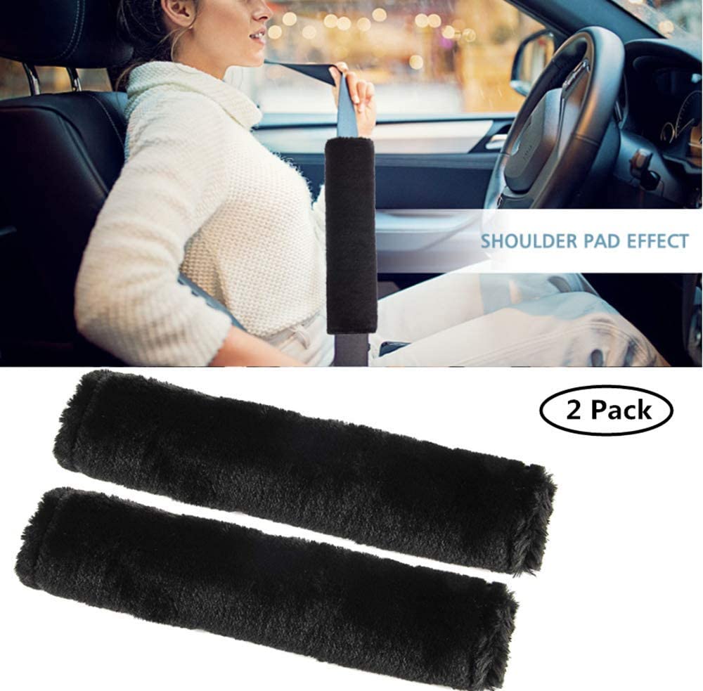 Moonet Auto Seat Belt Shoulder Pad, Soft Faux Sheepskin Wool Universal Seatbelt Cover for More Comfortable Driving,Multipurpose for Handbag Carmera Backpack Straps,2pc(Black)