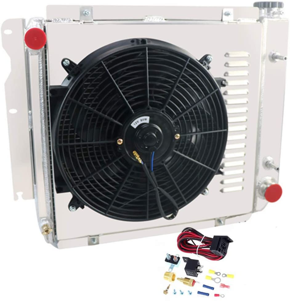CoolingSky 3 Row Aluminum Radiator +Fan Shroud +Thermostat Relay Kit Combo for 1987-06 Jeep Wrangler TJ YJ W/Chevy V8 Conversion