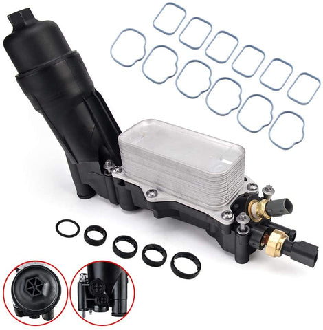 Engine Oil Cooler Filter Housing Adapter Assembly w/Intake Manifold Gaskets Lower & Upper Gasket Plenum Set, Temperature Sender Sensor, Oil Pressure Sensor