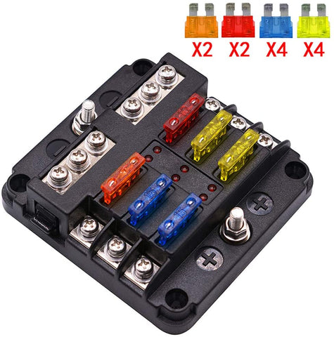 UMISKY 6-Way Fuse Box Blade Fuse Blocks with LED Warning Indicator Damp-Proof Cover for 12V/24V Automotive Car Truck Boat Marine Bus RV Van, 6 Circuit Independent Positive Negative