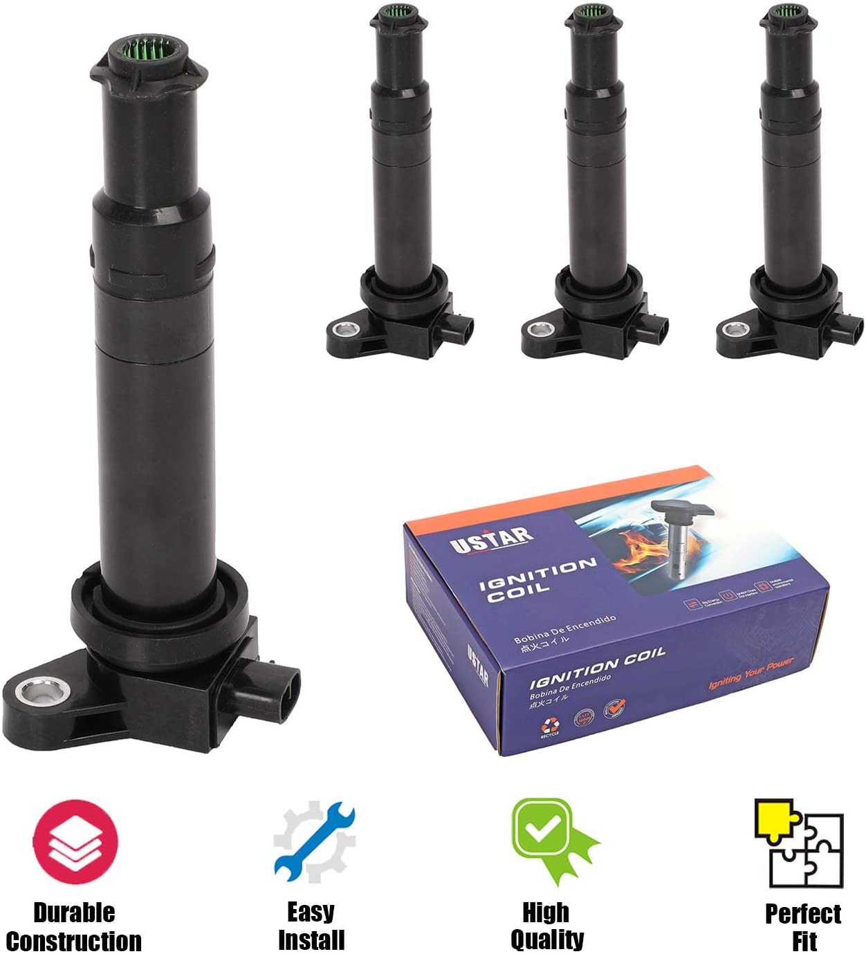 USTAR Ignition Coils 4 Pack for Hyundai Accent Kia Rio Rio5 2006-2011 Engine L4 1.6L Replaces 27301-26640