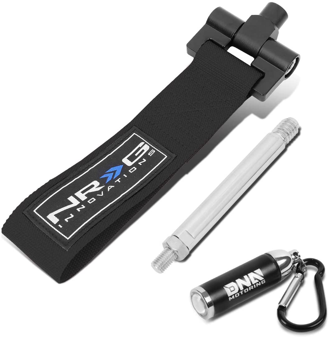 NRG Innovations TOW-125BK Front/Rear Bumper 2.25 Inches Wide Nylon Towing Hook Belt Strap + LED Keychain Flashlight