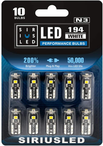 SIRIUSLED 194 LED Bulbs Extremely Super Bright 3030 Chipset for Car truck Interior Dome Map Door Courtesy Marker License Plate Lights Compact Wedge T10 168 2825 Xenon White Pack of 10