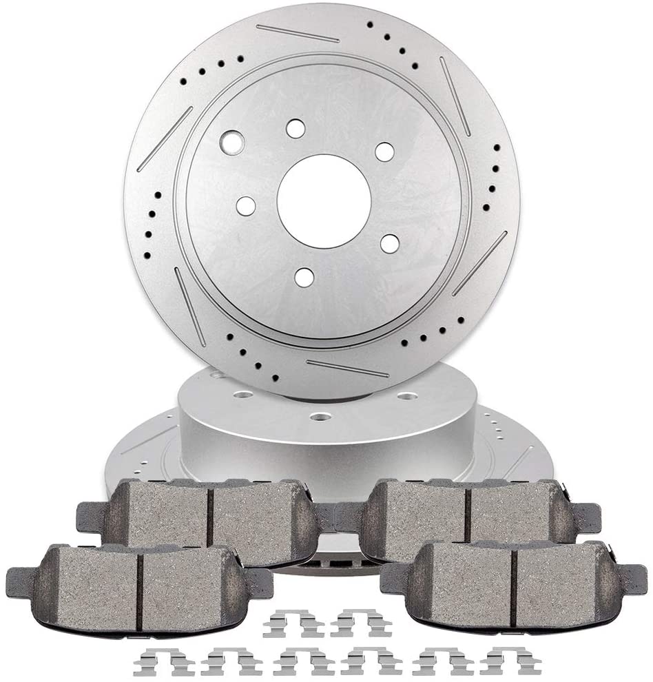TUPARTS Slotted Drilled Rotors Rear and Ceramic Brake Pads Clip Hardware Kit Fit for Infiniti FX35 FX37 FX45 JX35 M35h M37 M56 Q50 Q60 Q70 Q70L QX60 QX70, for Nissan Murano Pathfinder Quest