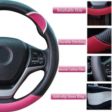Alusbell Cute Carbon Fiber Steering Wheel Cover Synthetic Leather Auto Car Steering Wheel Cover for Women Universal Fit 15 Inch (Pink)