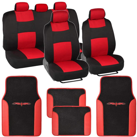 BDK Beige Combo Fresh Design Matching All Protective Seat Covers (2 Front 1 Bench) with Heavy Protection Sleek Graphic Auto Carpet Floor Mats (4 Set)