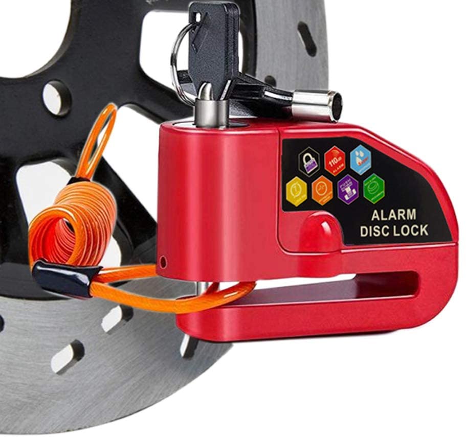 Anti-Theft Motorcycle Alarm Disc Brake Lock,110db Loud Alarm Sound Heavy Duty Wheel Security Padlock Waterproof (Red)