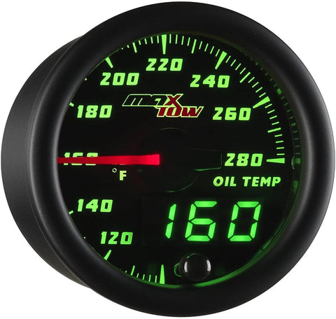 MaxTow Double Vision 280 F Oil Temperature Gauge Kit - Includes Electronic Sensor - Black Gauge Face - Green LED Illuminated Dial - Analog & Digital Readouts - For Trucks - 2-1/16