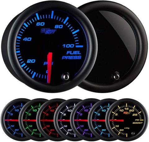 GlowShift Tinted 7 Color 100 PSI Fuel Pressure Gauge Kit - Includes Electronic Sensor - Black Dial - Smoked Lens - For Car & Truck - 2-1/16