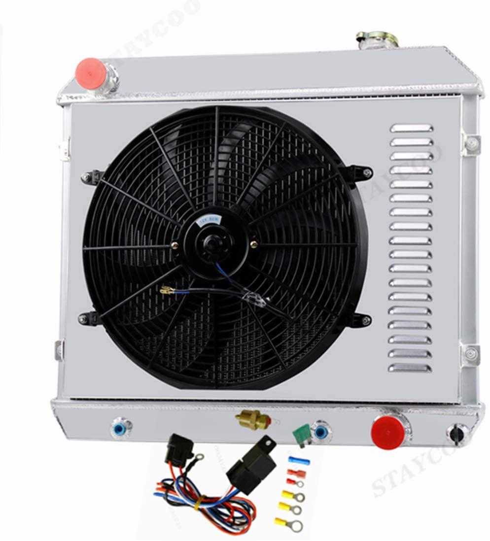CoolingSky 3 Row Aluminum Radiator +Fan Shroud Combo +Thermostat Relay Kit for 1961-66 Chevy C/K C10 C20 C30 K10 K20 Pickup Suburban &More GM Models