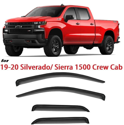 Optimal Co 2019-2020 Smoke Tinted Tape-On Side Window Vent Visor Deflectors Rain Guards for Chevrolet Silverado 1500 & for GMC Sierra 1500 Crew Cab Pickup Truck - 4 Piece Set
