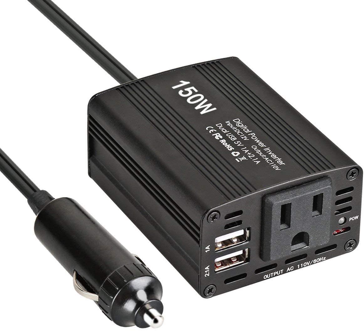 Car Power Inverter Car Charger 150W DC 12V to 110v AC Car Inverter with 3.1A Dual USB Charger (Black)