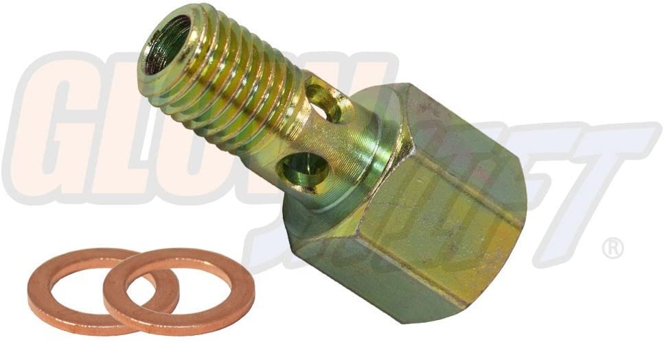 GlowShift Fuel Pressure Banjo Bolt Sensor Thread Adapter for 1994-1998 P7100 12-Valve Dodge Ram 2500 3500 Cummins Diesel - Installs to Fuel Filter Housing - Includes Copper Crush Washers