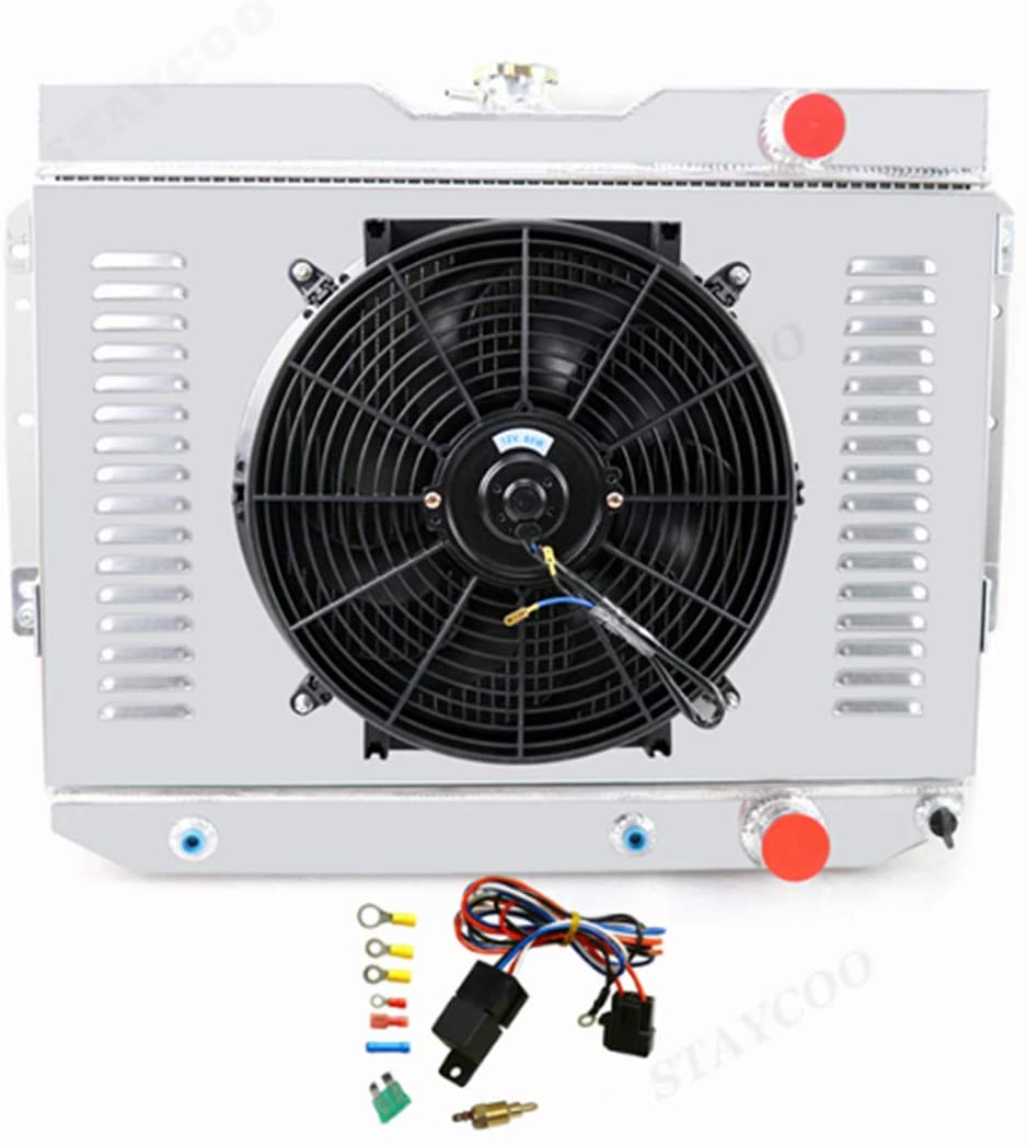 CoolingSky 4 Row All Aluminum Radiator + Fan Shroud Combo & Relay Kit for Chevy El Camino/Impala/Bel Air/Biscayne/Kingswood 1959-1965