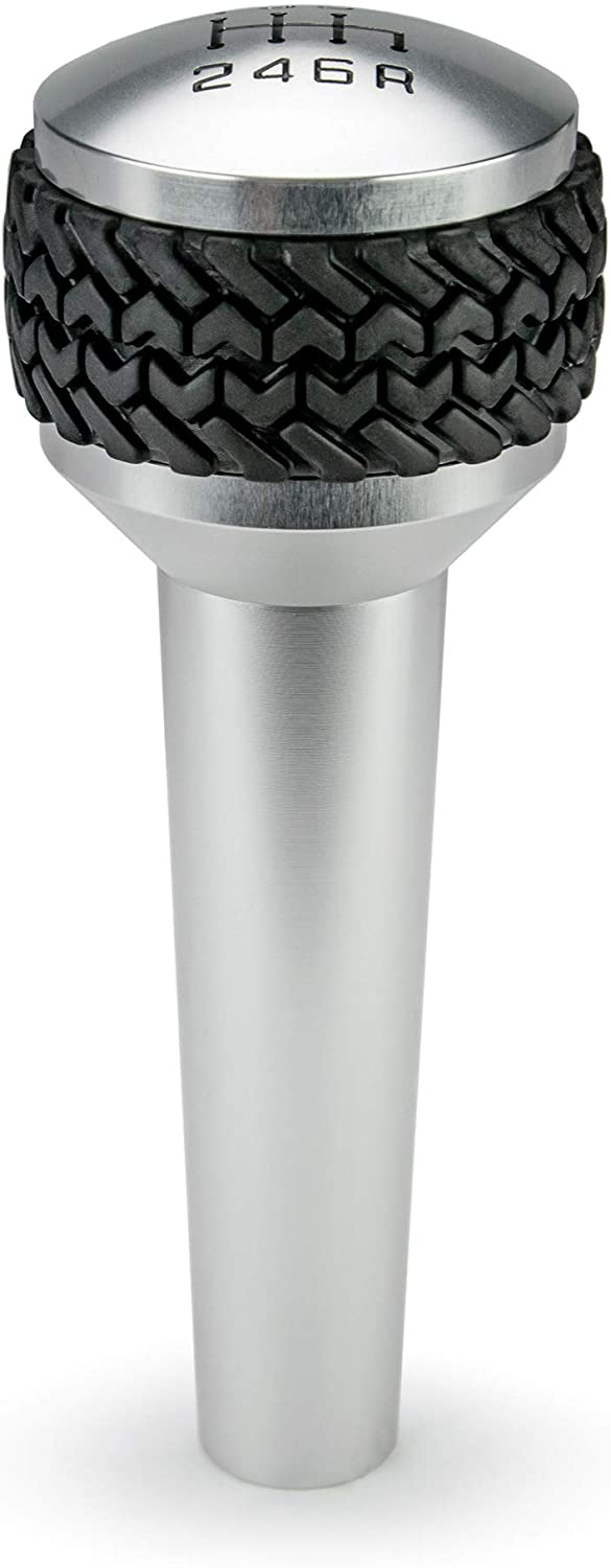 DV8 Offroad | Replacement 6 Speed Shift Knob for Wrangler JK | Billet Aluminum | Includes Patented Tire Tread Rubber Grip | Silver Finish