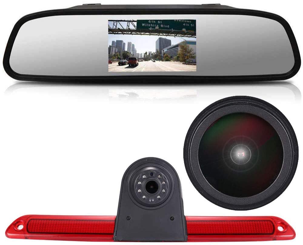 HD IP68 1280 Pixels Third Roof Top Mount Brake Lamp Reverse Rear View Backup Camera Angle and Distance Adjustable IR Night Vision for Benz Sprinter W906/Transit Ducato Crafter Master +Rearview Mirror