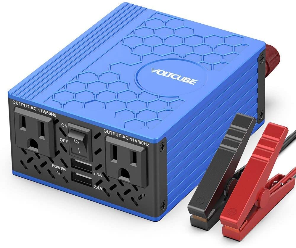 VOLTCUBE 400W Power Inverter 12V DC to 110V AC Converter with 4.8A Dual USB Car Adapter with 2 Independent AC outlets (Blue) (400W-blue)
