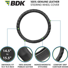BDK Genuine Leather Car Steering Wheel Cover 14.5"-15.5" (Medium/Black) - Universal Fit, Easy Installation