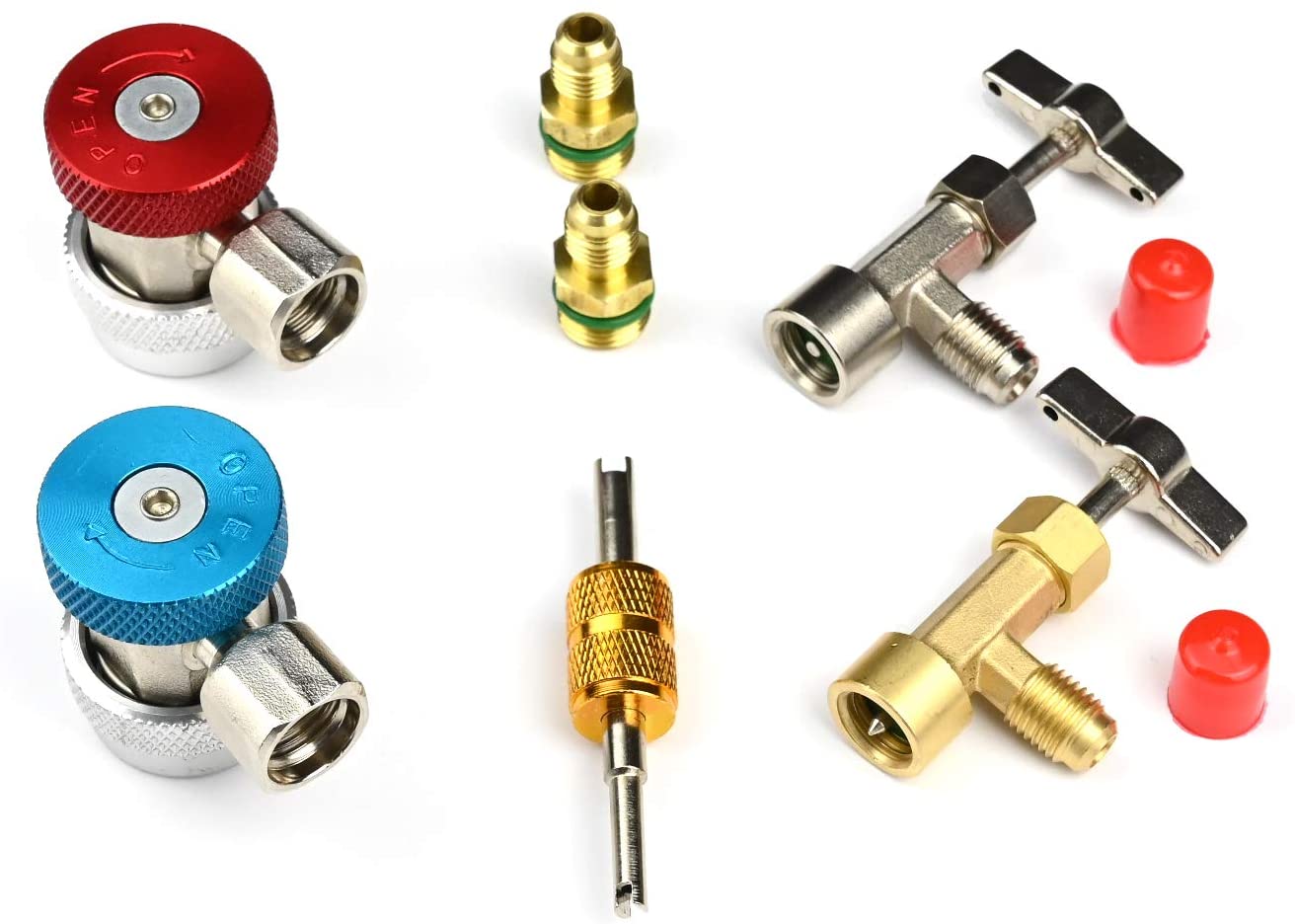 LU-HAWK Automotive R134a Recharge Kit with Self Sealing Can Tap Valve. Includes High/Low Side Quick Couplers with 1/4 adapters, Both Self Sealing and Single Puncture Can Taps, and Valve Core Remover.