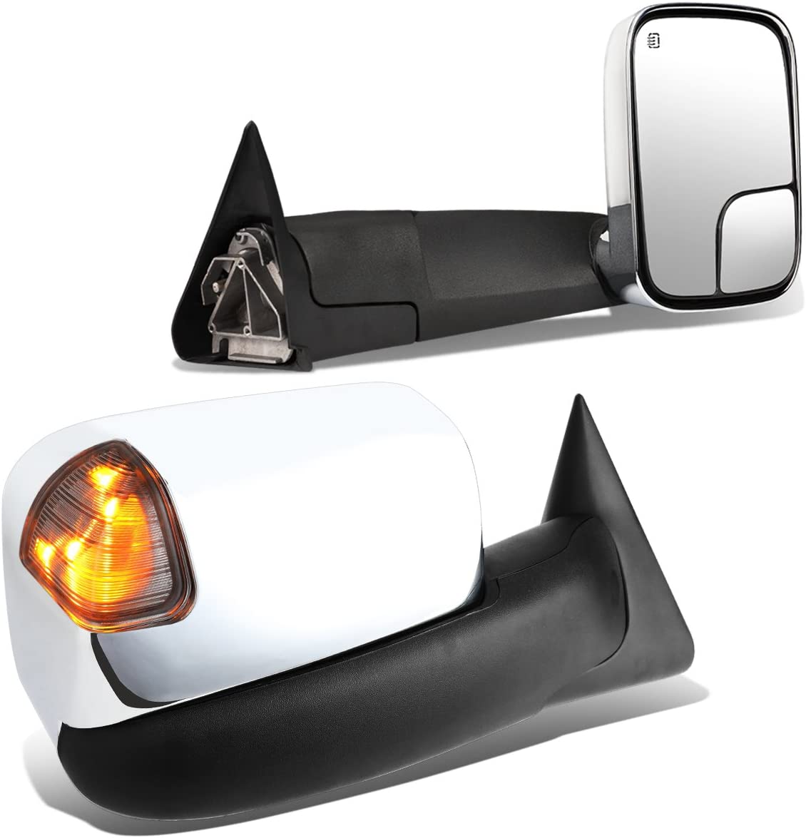 Pair Chrome Power Heated Smoked LED Turn Signal Side Towing Mirror Replacement for Dodge Ram BR/BE 98-02 (Amber)