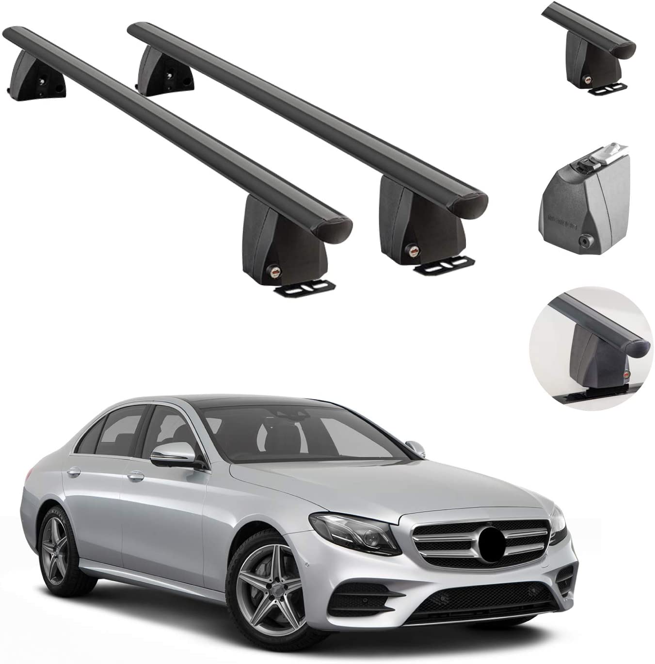 Roof Rack Cross Bars Lockable Luggage Carrier Fixed Point Roof Cars | Fits Mercedes E-Class W213 Sedan 2017-2021 Black Aluminum Cargo Carrier Rooftop Bars | Automotive Exterior Accessories