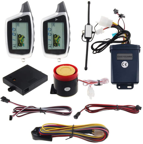 EASYGUARD EM212 2 Way Motorcycle Alarm System with LCD Pager Display Rechargeable Transmitter Built in Shock Sensor & Microwave Sensor Detecting DC12V