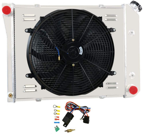 CoolingSky 4 Row Aluminum Radiator +Fan Shroud Combo&Thermostat Relay Kit for 1969-74 Nova Camaro/Impala/Caprice, 68-71 Chevelle, More GM Buick Cars - 21 Inches Core