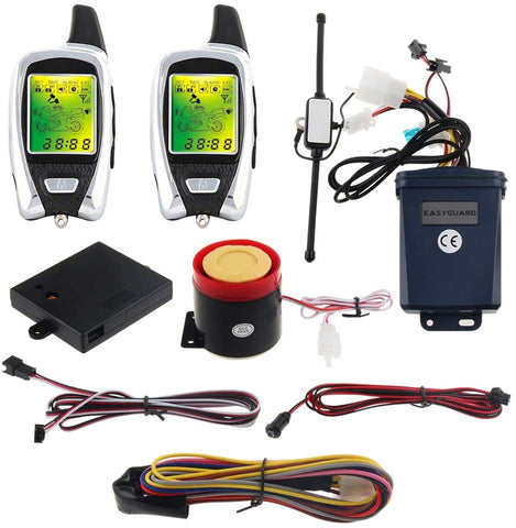 EASYGUARD EM209 2 Way Motorcycle Alarm System with Remote Engine Start Starter Microwave Sensor Colorful LCD Pager Display Shock Sensor Proximity Sensor Included Universal Version DC12V