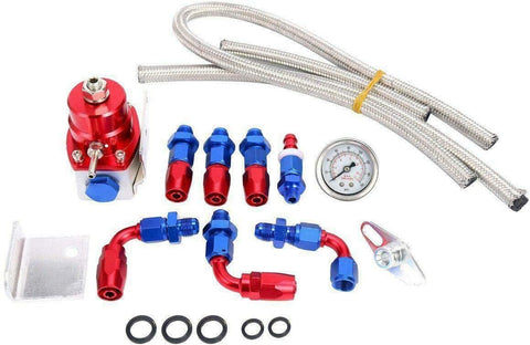 SUNROAD Universal Adjustable Aluminum Fuel Pressure Regulator Valve Kit + 100 Psi Pressure Gage AN6 Fitting Connectors Kit Red & Blue
