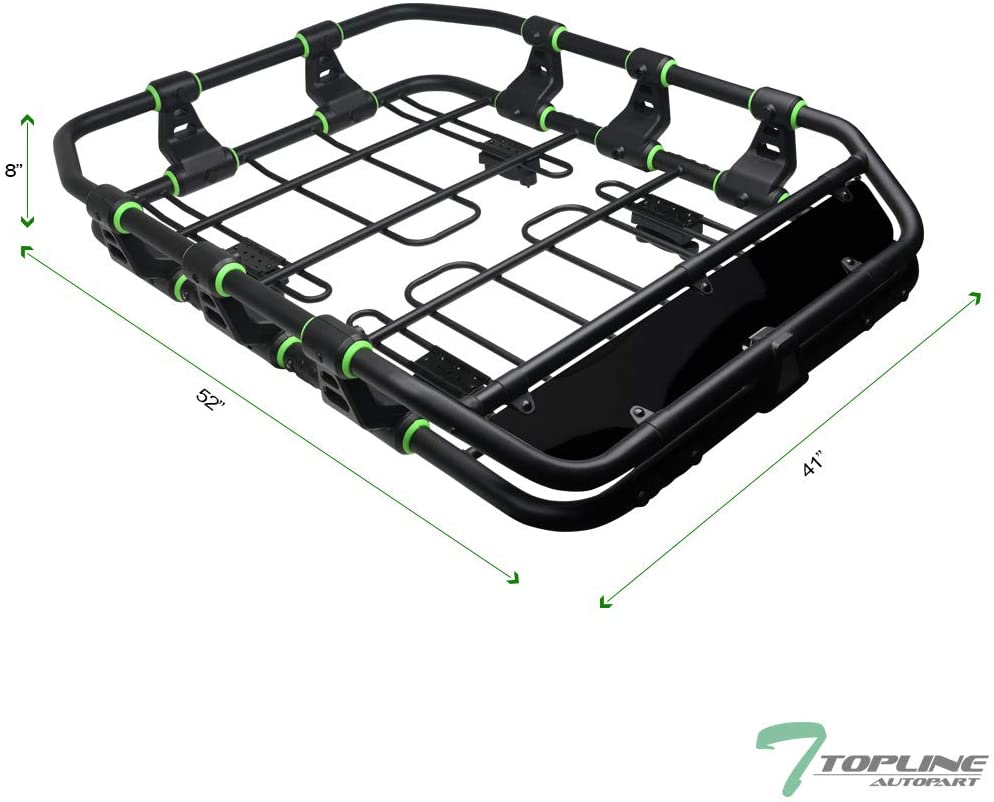 Topline Autopart Universal Modular Sport Design Heavyduty Steel Roof Rack Cargo Basket Carrier Travel Luggage Storage with Wind Fairing (Matte Black/Green)