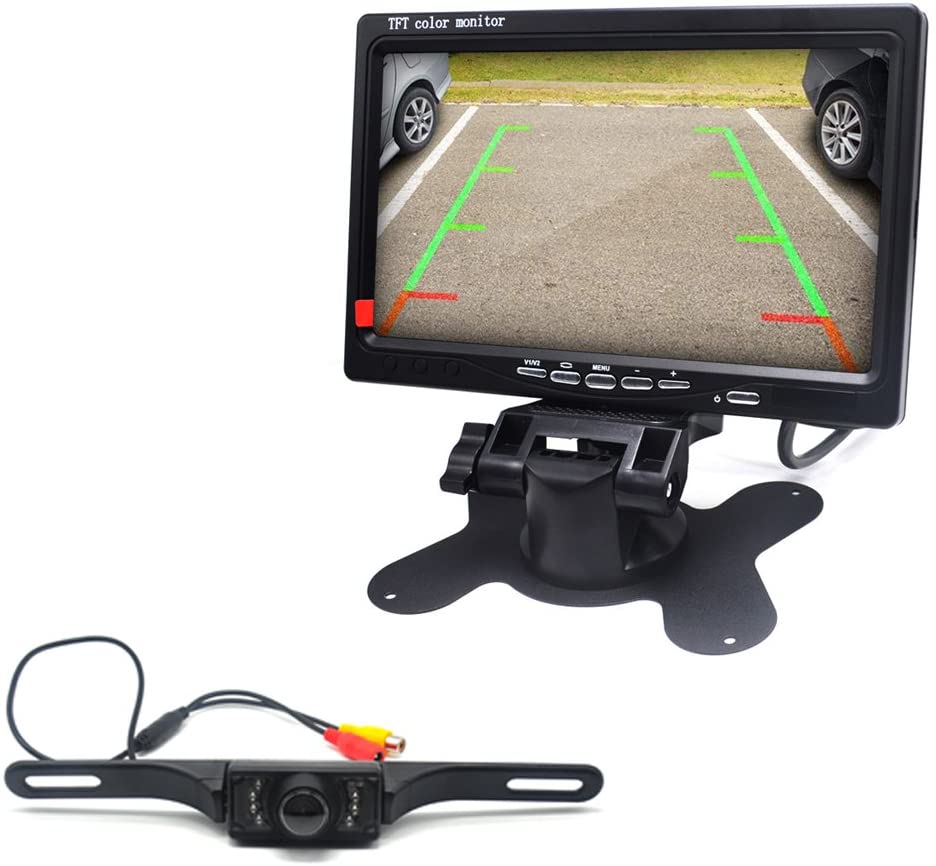 Padarsey Backup Camera and Monitor Kit for Car/Vehicle/Truck Waterproof Night Vision License Plate Rear View Camera Connecting Single Power Reverse/Continuous Use Optional 7 inch Display Grid Lines