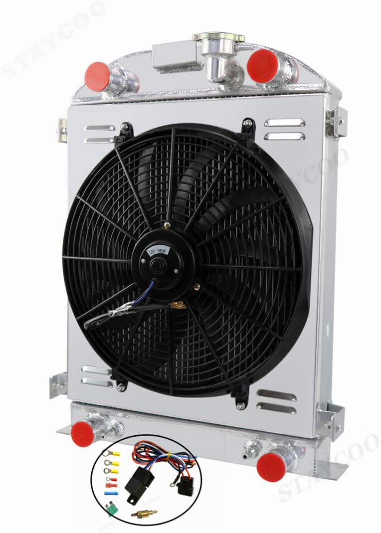 CoolingSky 3 Row All Aluminum Radiator +Fan Shroud Combo&Thermostat Relay Kit for 1930-32 Ford Model A &1932 Ford Flat Head V8 Stock Height