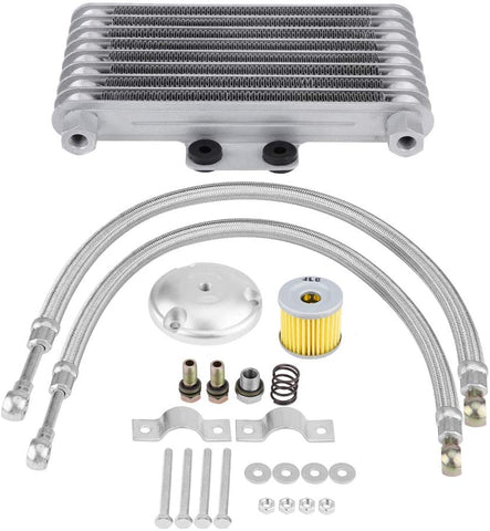 Oil Cooler,125ml Silver Aluminum Oil Motorcycle Oil Cooling Fit forGN125 EN125 EN150 GZ125 GZ150 GS125 GS200 DR125 DR200 TU125 QM200GY VANVAN200 SX200
